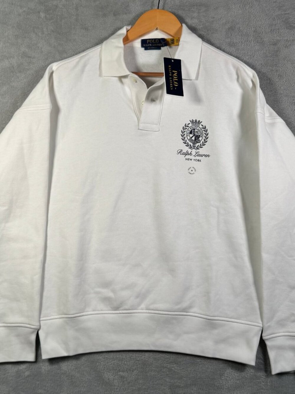 Polo Ralph Lauren Sweatshirt Mens M White Crest New York Rugby Collar RELAXED Z